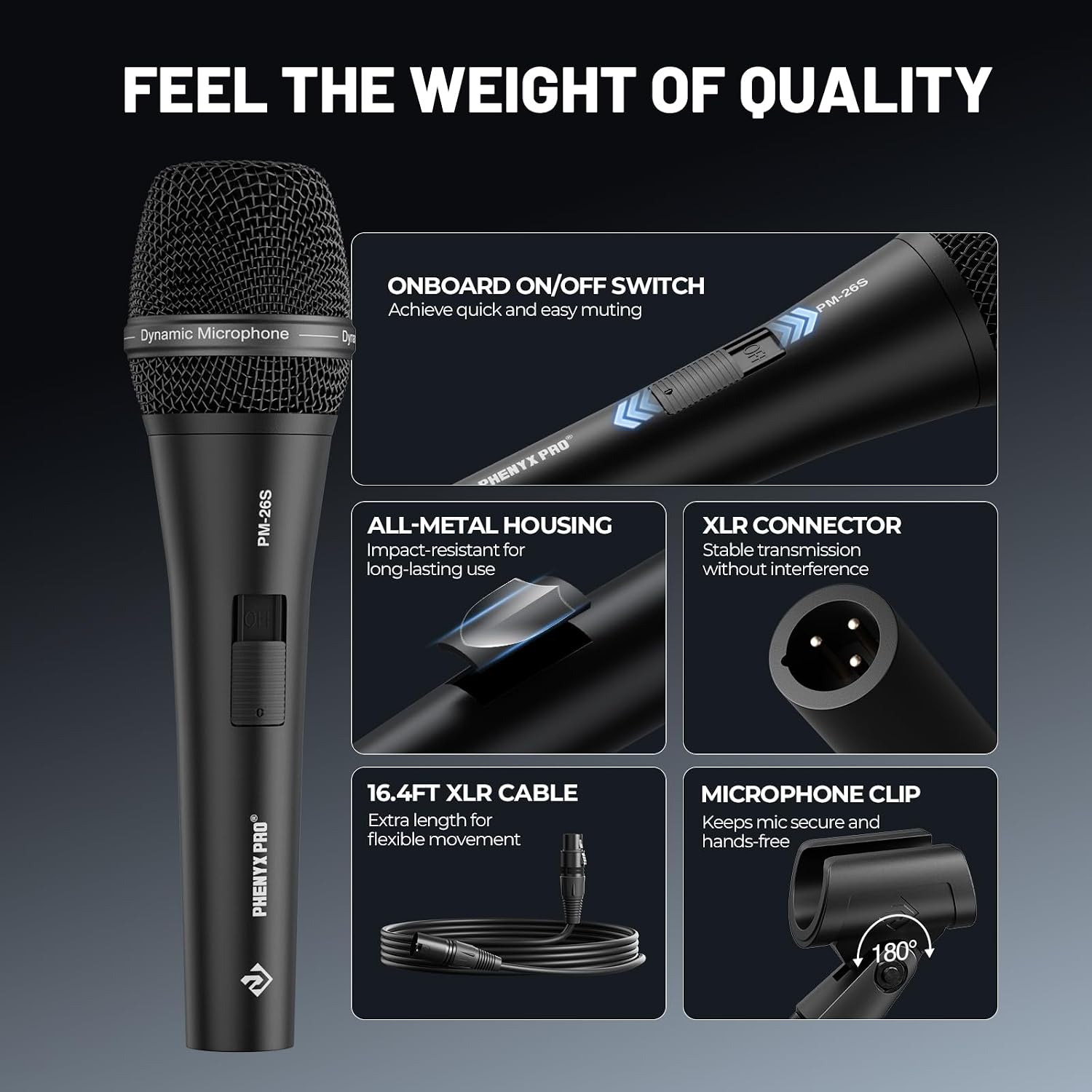 Supercardioid Handheld Dynamic Microphone with XLR Cable PM-26S | On/Off Switch, Built-In Foam Filter, All-Metal