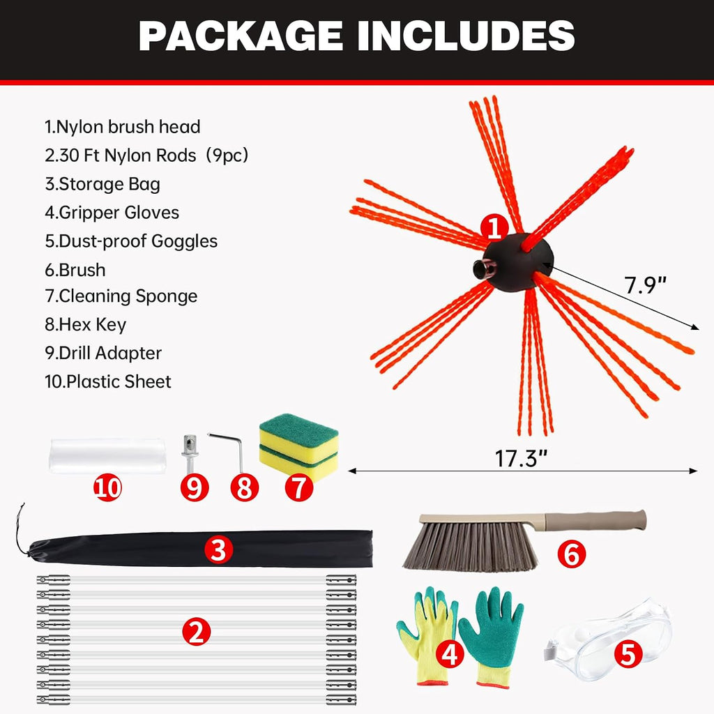 30 Ft Chimney Sweep Kit with 9 Flexible Rods & Chimney Brush