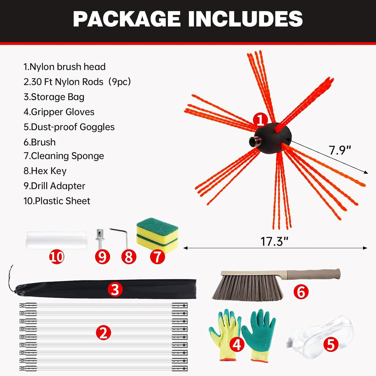 30 Ft Chimney Sweep Kit with 9 Flexible Rods & Chimney Brush