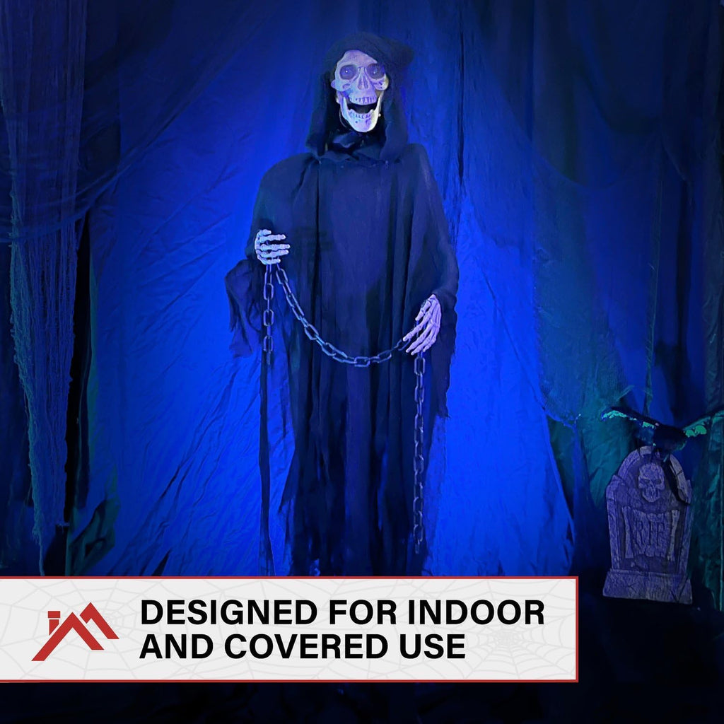 Life-Size Scary Grim Reaper with Chain, Halloween Animatronic with Touch Activated Lights and Sounds, Battery
