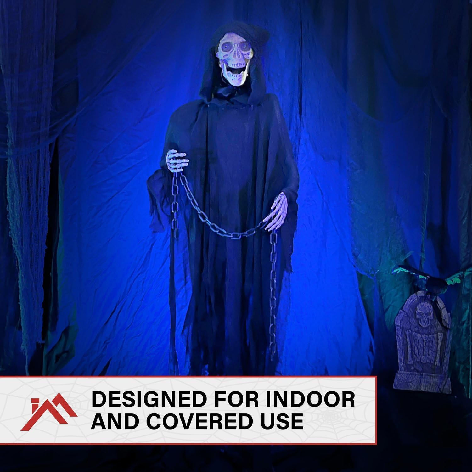 Life-Size Scary Grim Reaper with Chain, Halloween Animatronic with Touch Activated Lights and Sounds, Battery