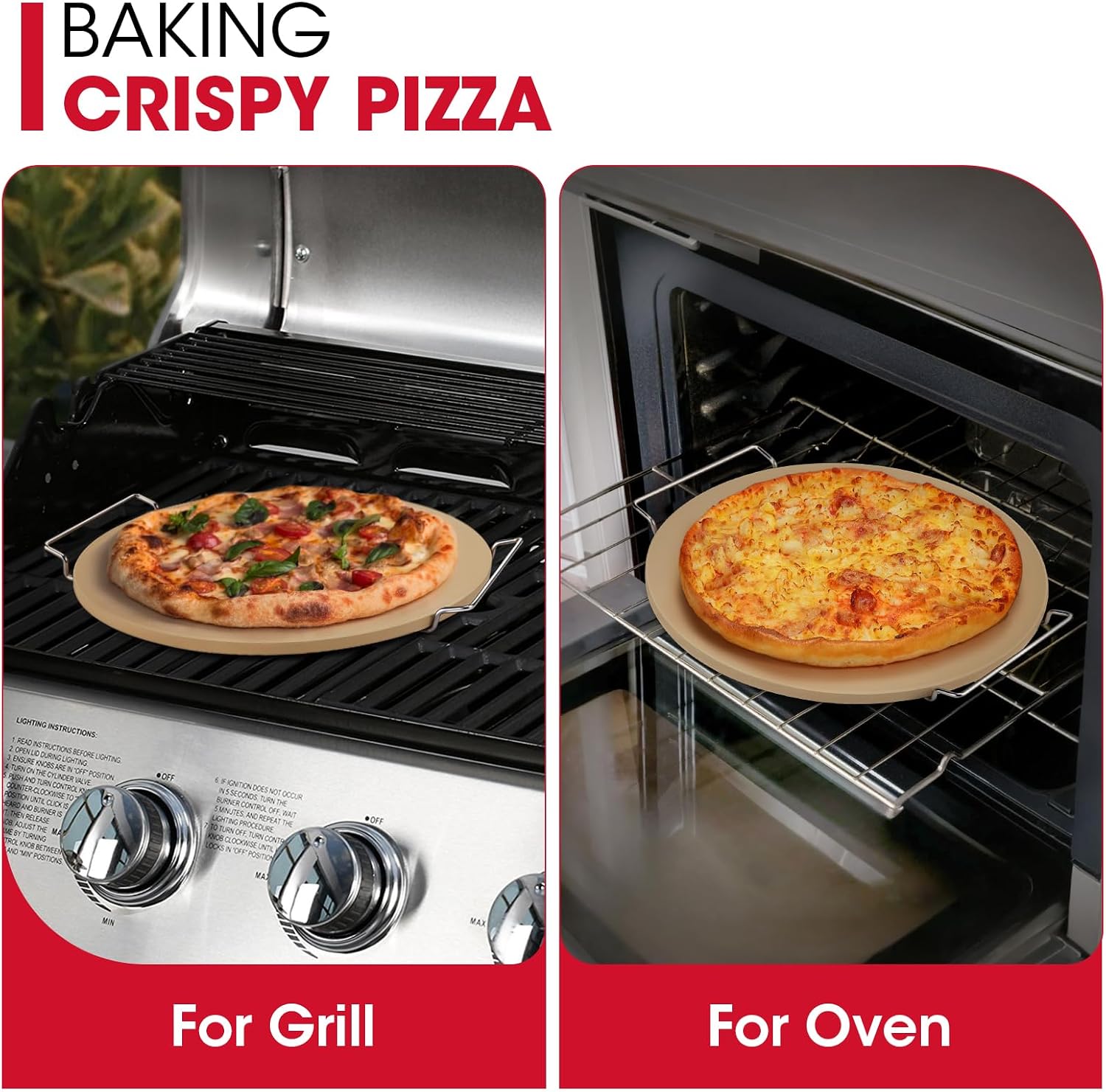 16 Inch Round Pizza Stone for Oven and Grill, Comes with Carry Rack