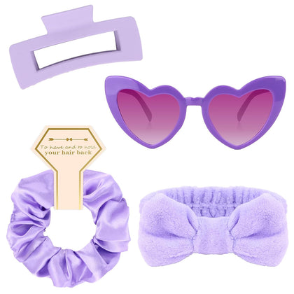 4 Pcs purple Bridesmaid Proposal Gifts Bridesmaid Spa Headband, Hair Claw Clips, Heart Shaped Sunglasses and Smooth