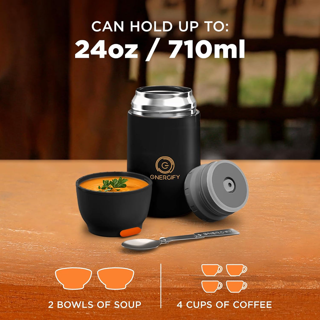 Vacuum Insulated Food Jar. Large 24oz Bowl incl. Folding Spoon, Cup. Wide Mouth Keep Hot & Cold Drinks Soup Lunch