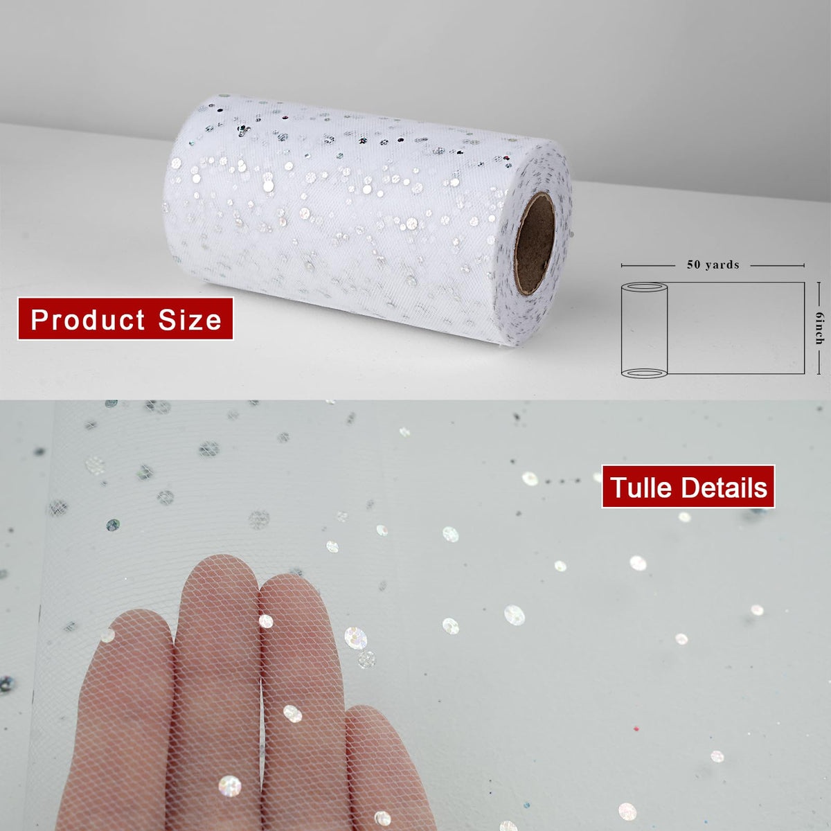 Glitter Tulle Rolls, 6” by 50 Yards Tulle Fabric Rolls(White)