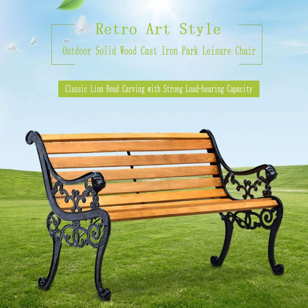 Outdoor Garden Bench with Waterproof Cover, Patio Park Lawn Solid Wood Bench with Cast Iron Frame, Patio Porch