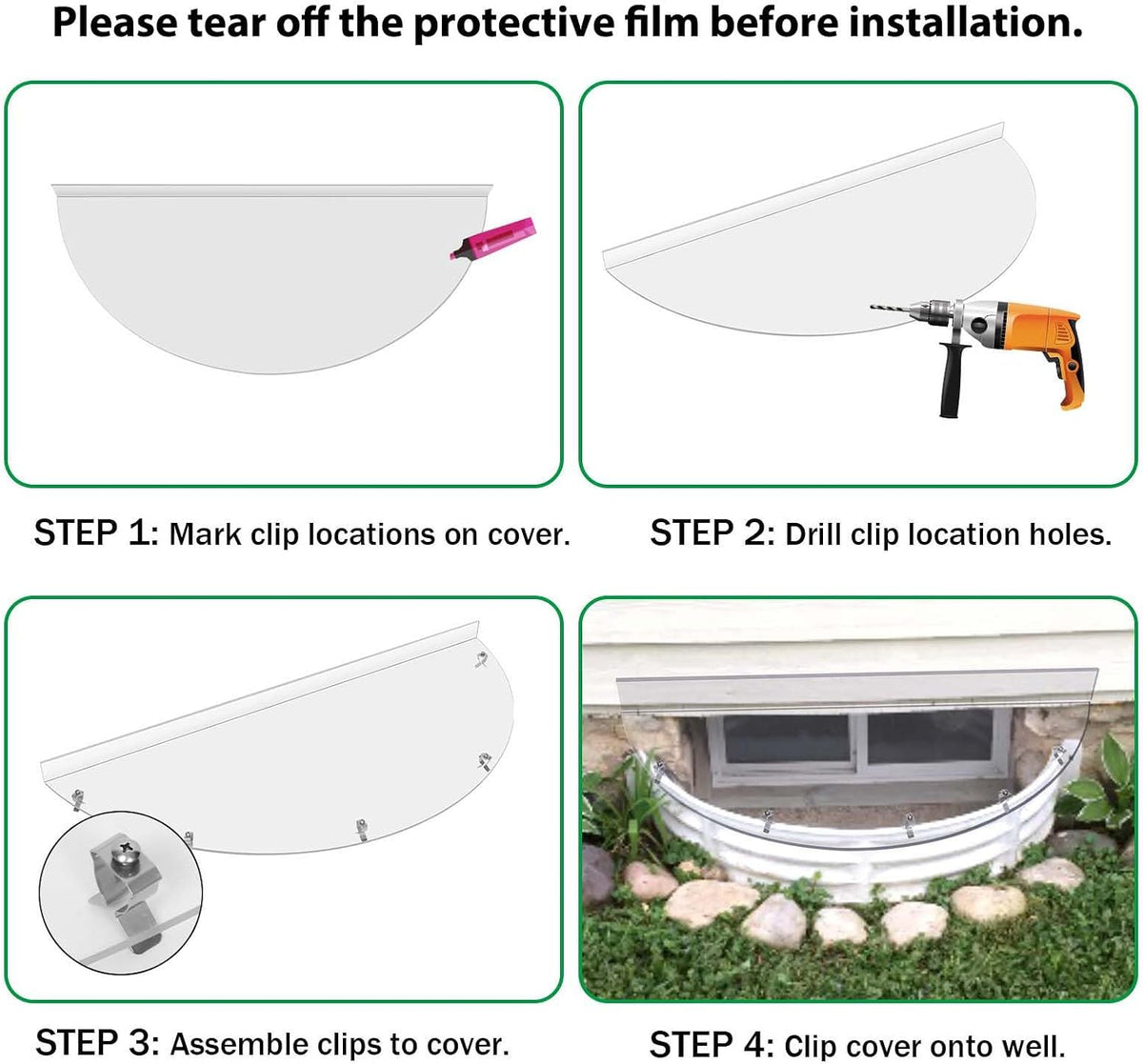 Clear Basement Window Well Covers Outside 41" X 16", Heavy-Duty Polycarbonate Egress Window Well Covers, UV