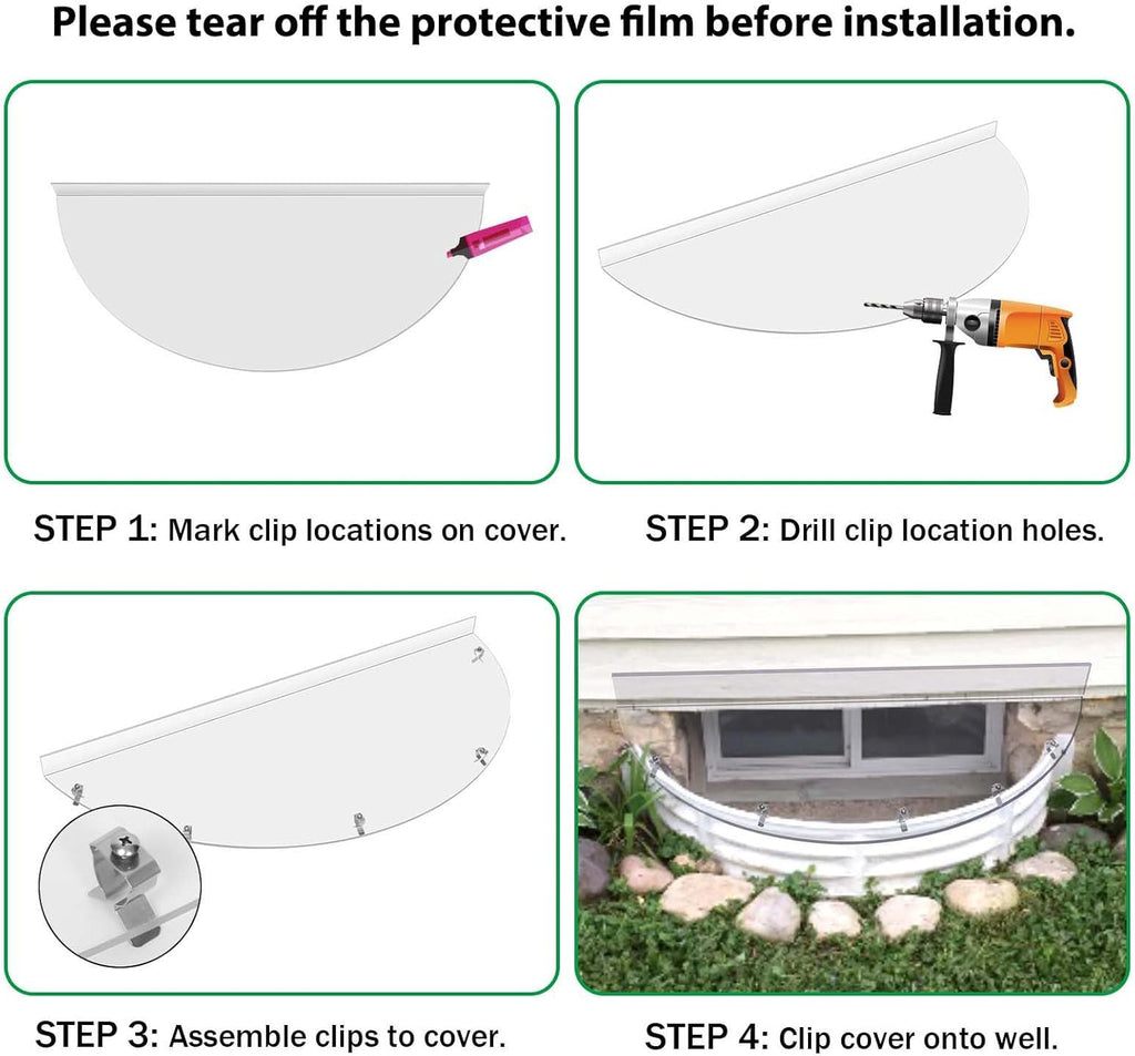 Clear Basement Window Well Covers Outside 39" X 16", Heavy-Duty Polycarbonate Egress Window Well Covers, UV