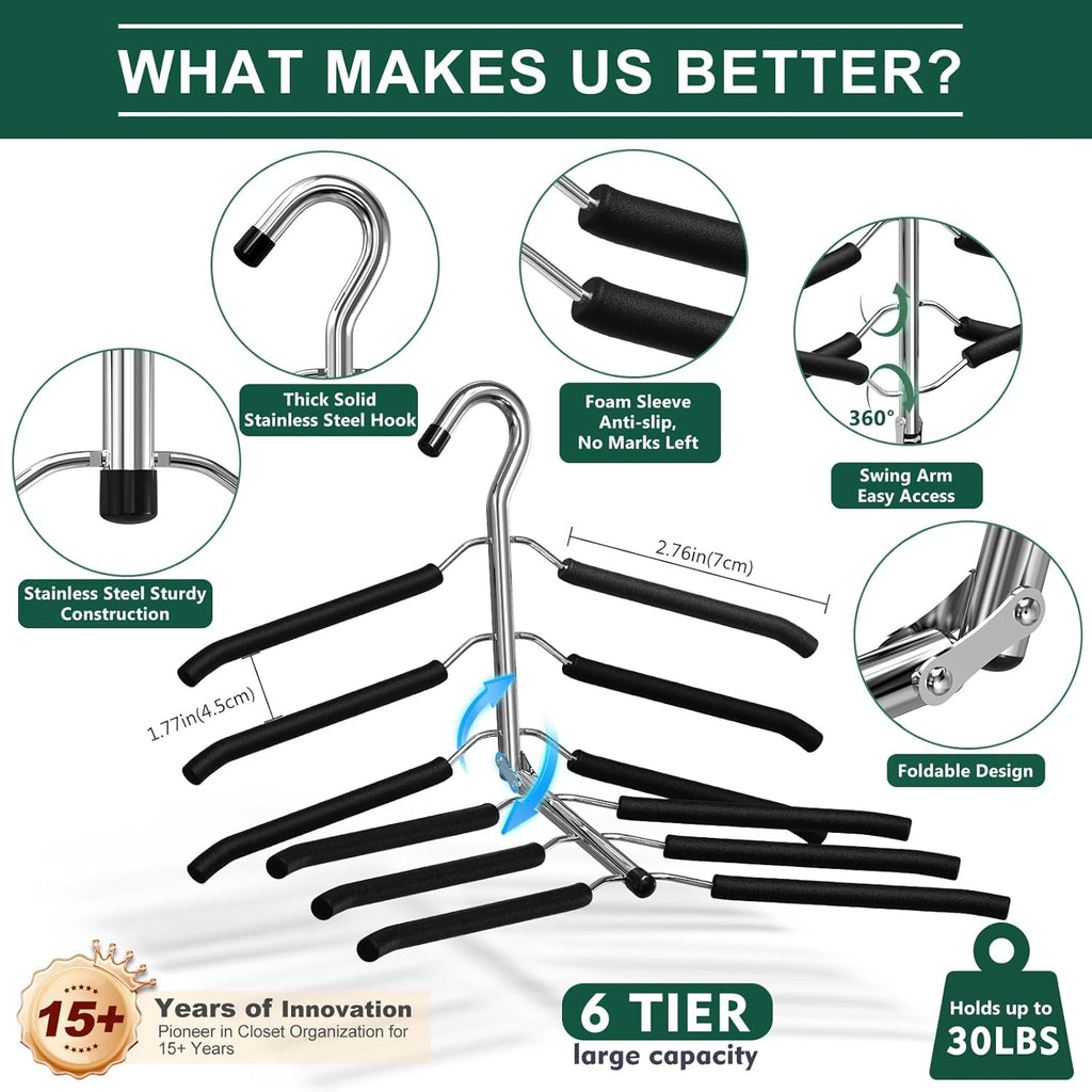 Space Saving 6 Tier Coat Hangers - Non Slip Foam Padded, Black Metal Sweater & T Shirt Hangers for Men & Women, 2