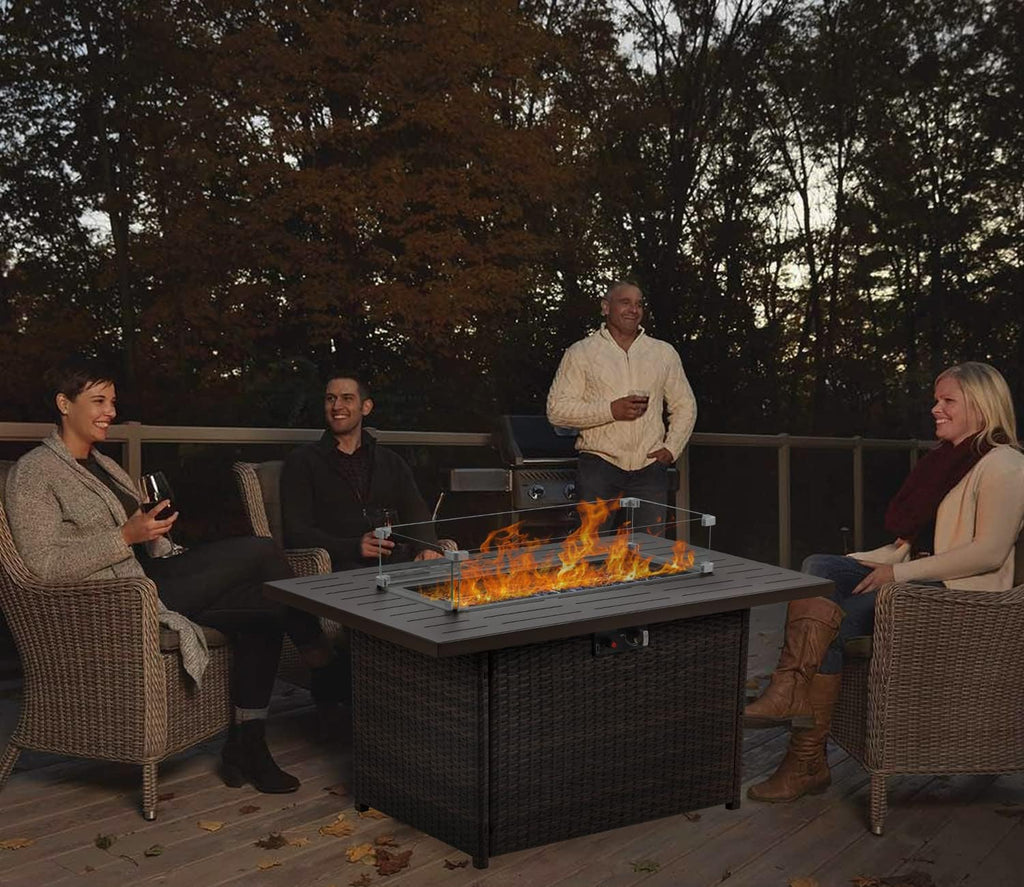 Propane Fire Pit Table,44 Inch 55000 BTU Outdoor Gas Fire Pit Rectangular with Glass Wind Guard for Outside Patio