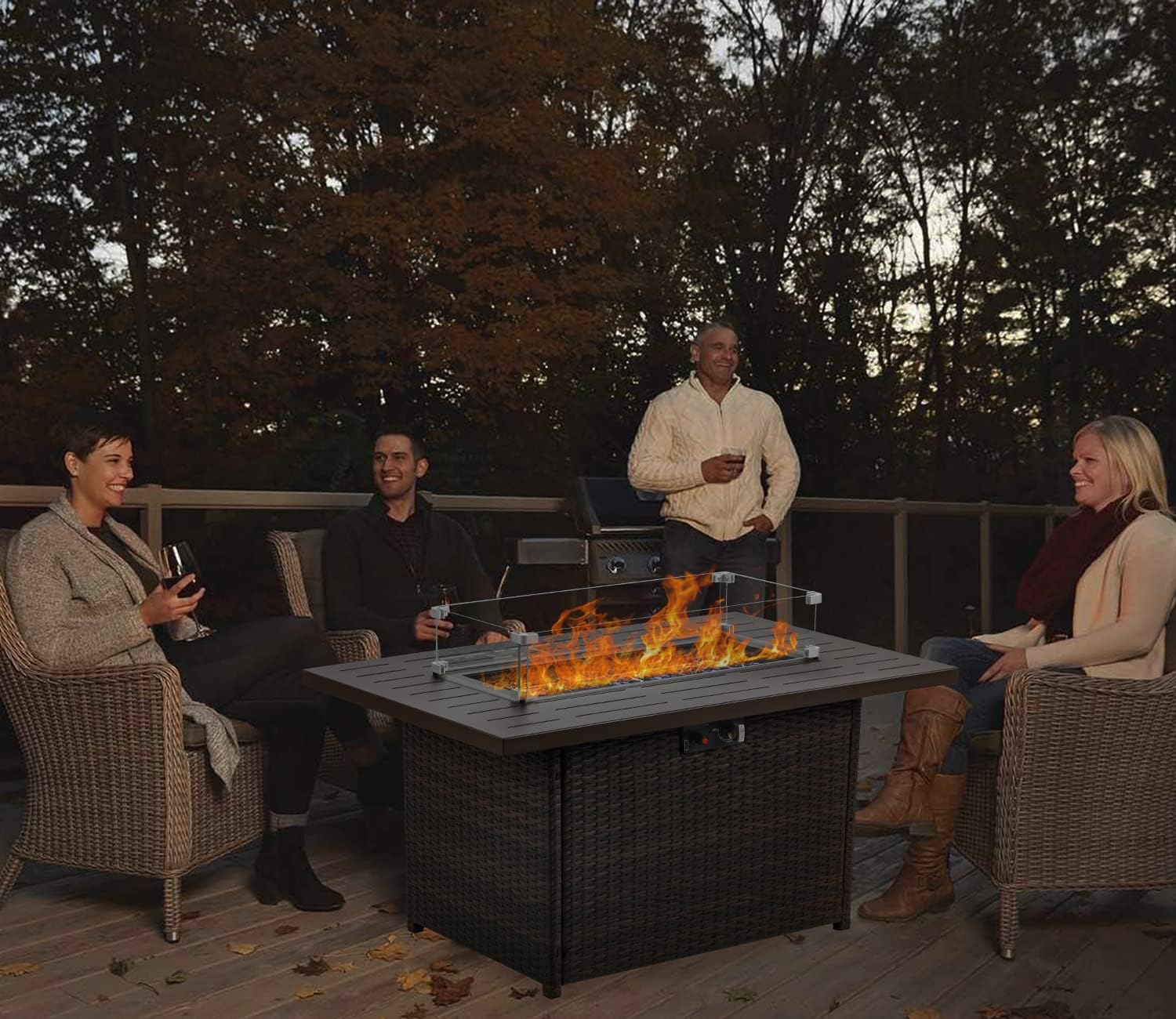 Propane Fire Pit Table,44 Inch 55000 BTU Outdoor Gas Fire Pit Rectangular with Glass Wind Guard for Outside Patio