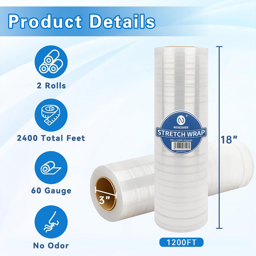 18 Inch Stretch Wrap - 1200 Feet | 60 Gauge, 2 Roll Clear Plastic Self-adhering Stretch Wrap Film for Pallet Wrap