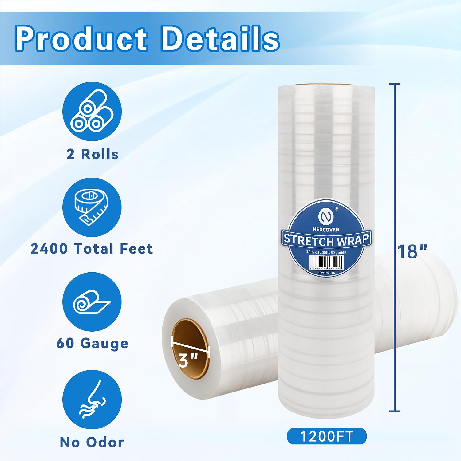 18 Inch Stretch Wrap - 1200 Feet | 60 Gauge, 2 Roll Clear Plastic Self-adhering Stretch Wrap Film for Pallet Wrap