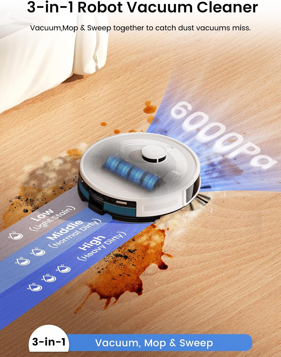Robot Vacuum and Mop, 75-Day Self-Emptying, 6000Pa Strong Suction, Customized Cleaning, Multi-Floor Mapping, 130 Min