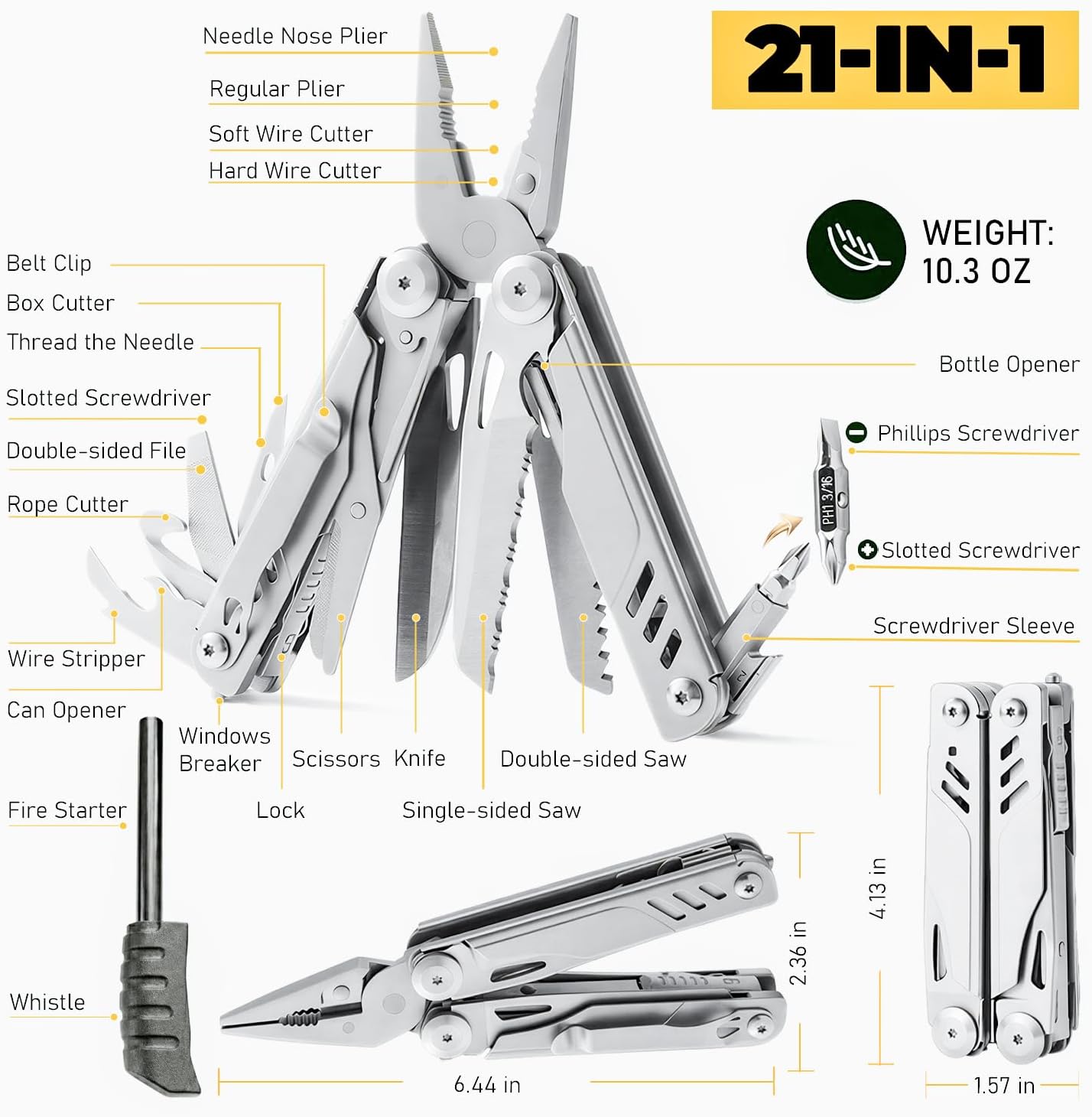 21-in-1 Multitool Pliers with Pocket Knife, Saws, Scissors & Clip | Stainless Steel, Self-Locking, Spring-Loaded