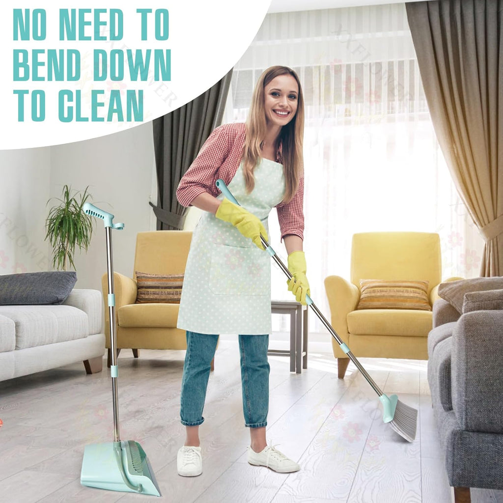 Broom and Dustpan Set with Cleaning Teeth, 55" Long Handle Indoor Sweeping Combo for Home Office Kitchen, Bluish Green