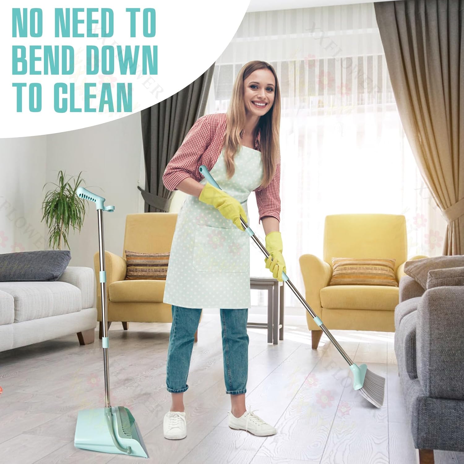 Broom and Dustpan Set with Cleaning Teeth, 55" Long Handle Indoor Sweeping Combo for Home Office Kitchen, Bluish Green