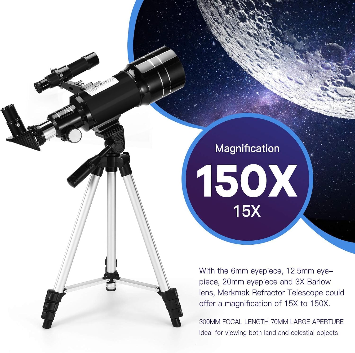 Telescope for Kids & Adults, 70mm Aperture 300mm Telescopes for Astronomy Beginners, 15X-150X Magnification Portable