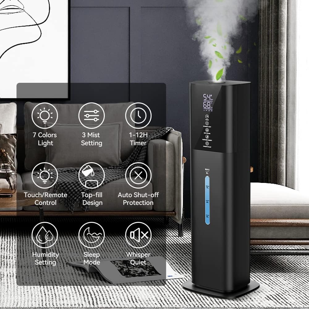 Humidifiers Large Room Bedroom with 7 Colors Light, 2.1Gal(8L) 3 Speed Quiet Ultrasonic Cool Mist Humidifier with