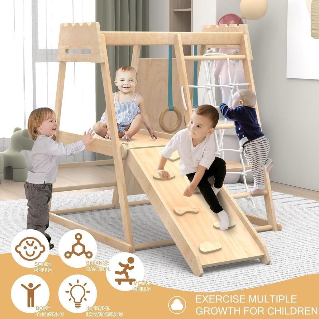 8-in-1 Indoor Playground, Indoor Jungle Gym for Toddlers, Kids Climbing Toys Indoor, Wooden Montessori Climber