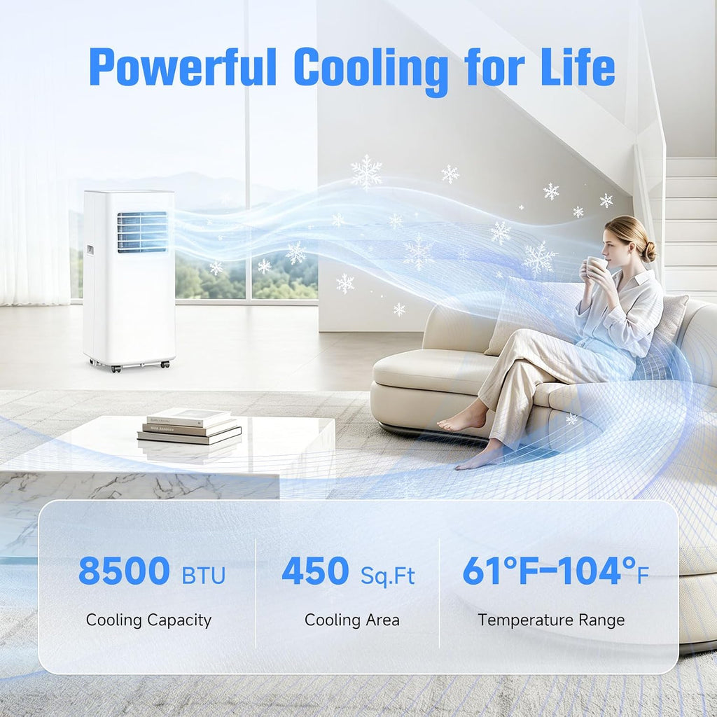 Portable Air Conditioner, 3-in-1 8500 BTU AC Unit with Fan & Dehumidifier – Quiet Cooling for Bedroom, Home Office up