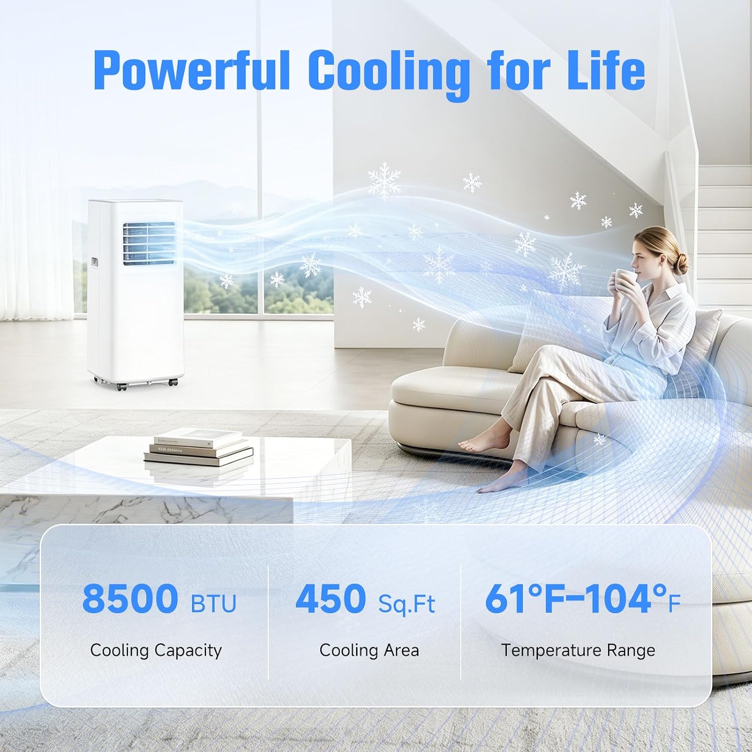 Portable Air Conditioner, 3-in-1 8500 BTU AC Unit with Fan & Dehumidifier – Quiet Cooling for Bedroom, Home Office up