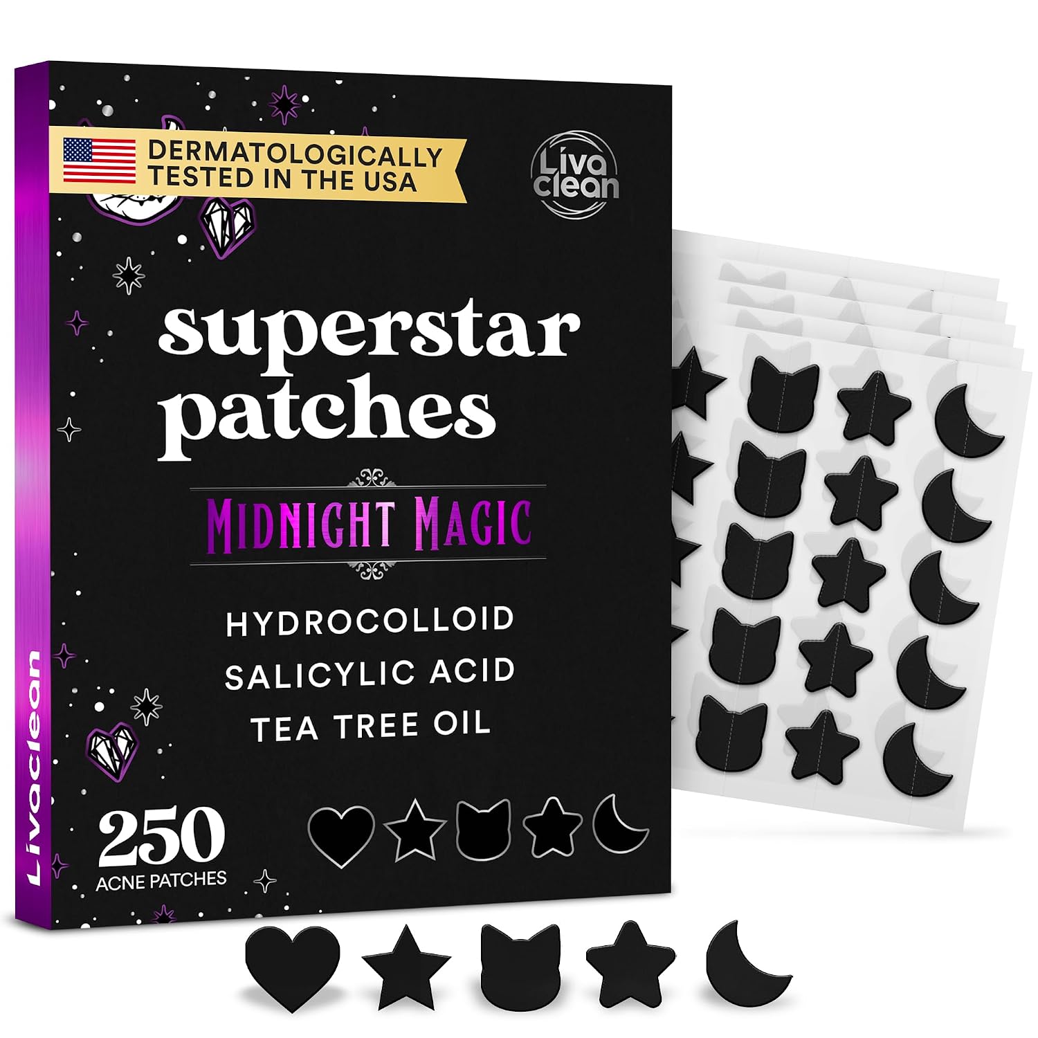 250CT Black Star Pimple Patches for Face - Hello Kitty Pimple Patches Black w/Salicylic Acid & Tea Tree Oil - HSA/FSA