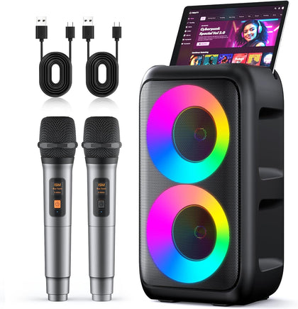 Karaoke Machine for Adults Kids, Portable Bluetooth Speaker with 2 Wireless Microphones, TWS Mode & LED Light, 10H