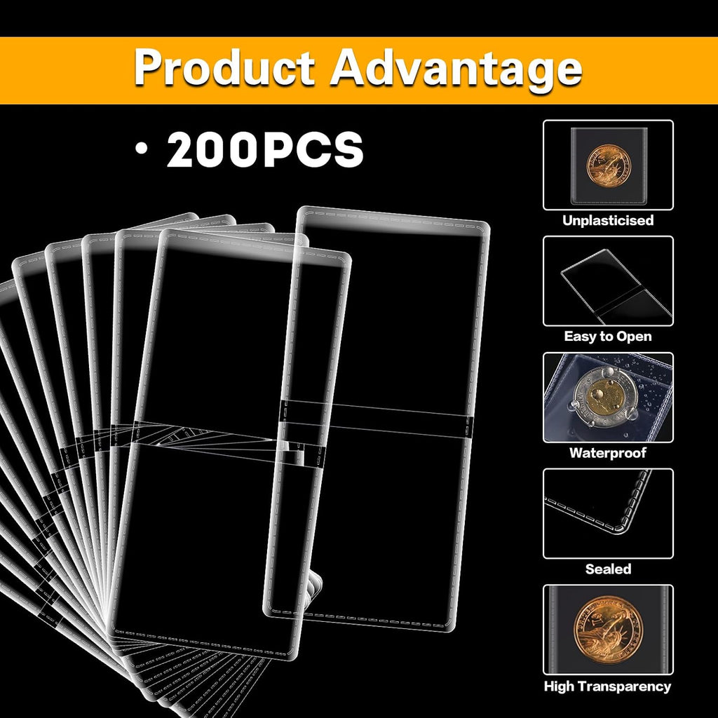 200-Pack 2 x 2 Inch Double-Pocket-Coin-Flips - Coin Pocket Holders, Unplasticized Coin Sleeves, Vinyl Coin Collection