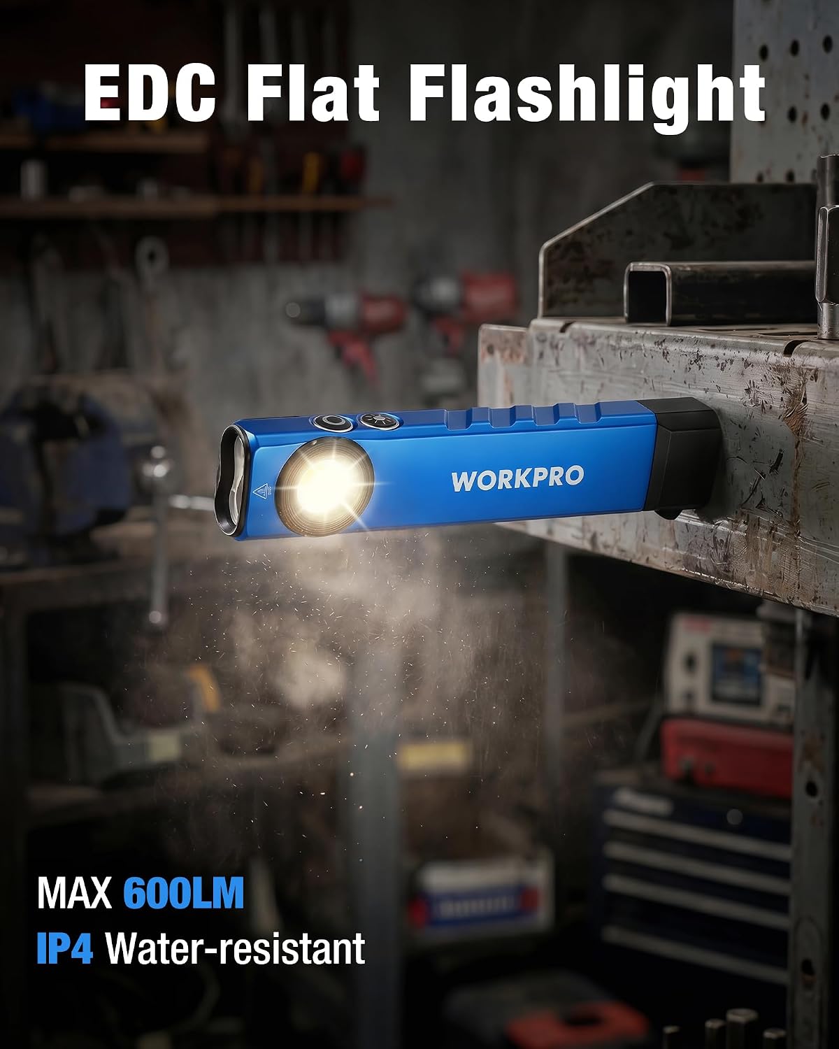 Rechargeable Work Light, 600 Lumens Flat Pocket Flashlight with UV Light, Magnetic Base & Clip, Slim LED EDC
