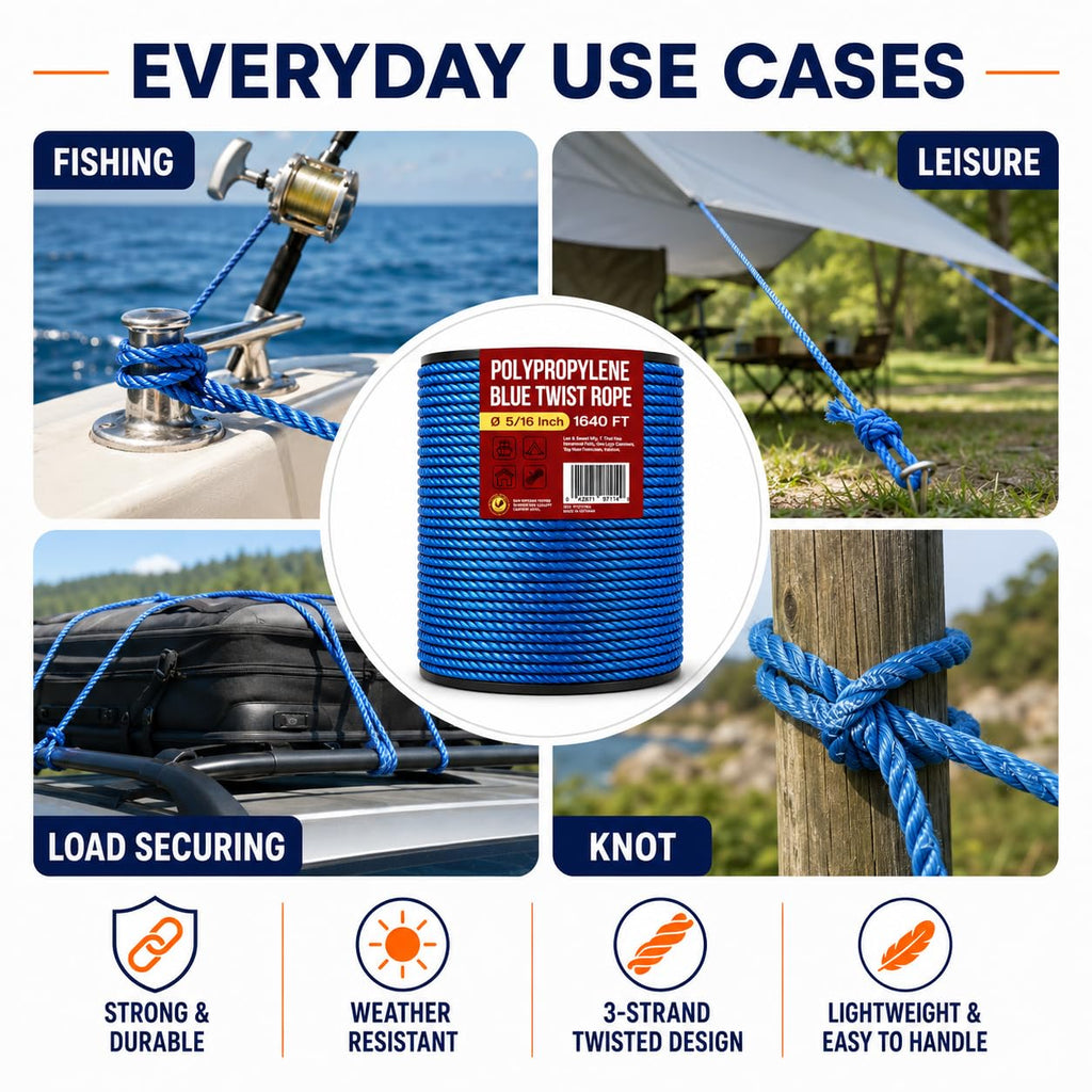 Heavy Duty PP/Polyester/Nylon Rope on Spool, Blue, 5/16inX1640FT