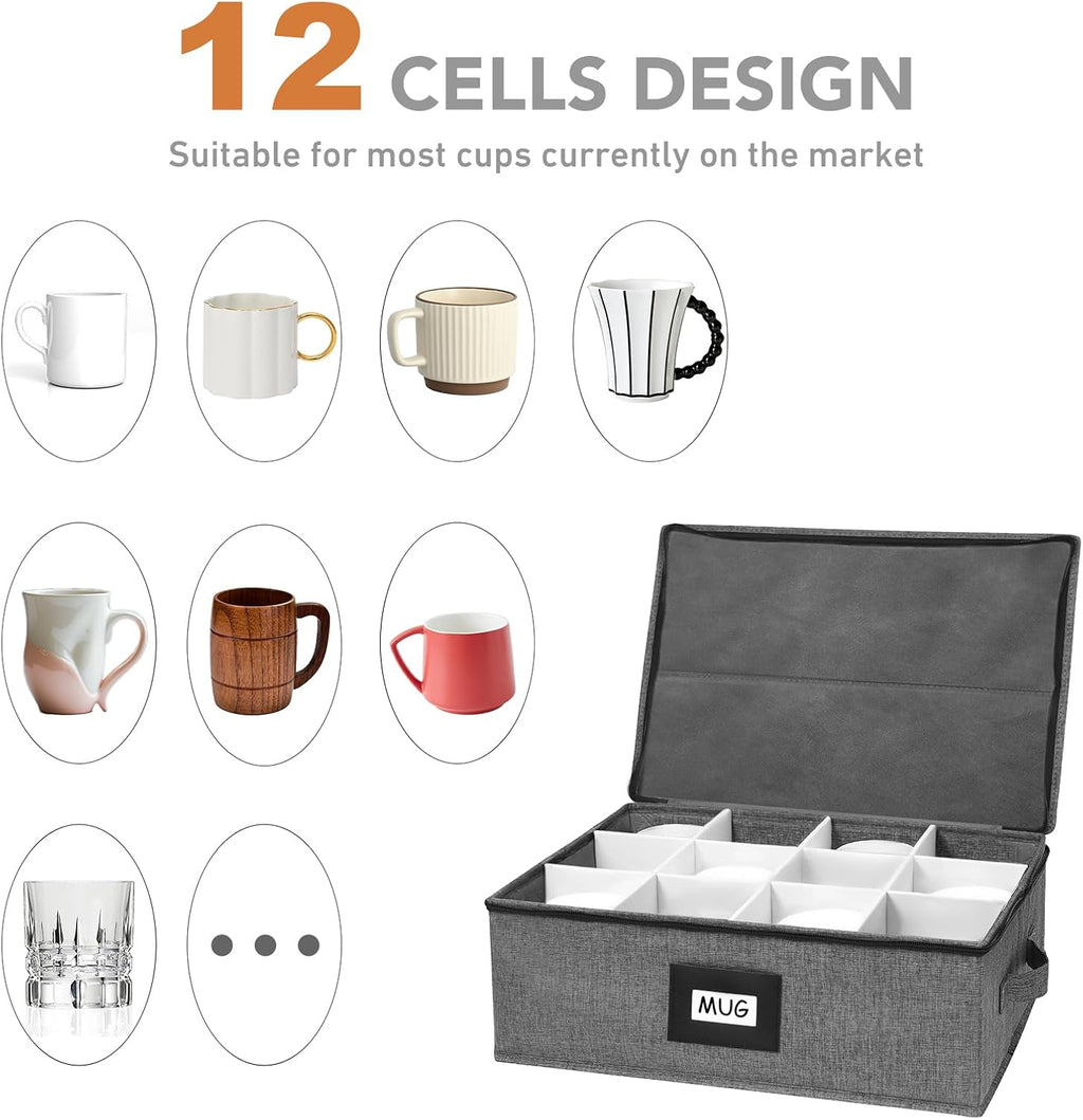Mug Storage Box with 12 Compartments, Gray Hard Shell Container, Padded Dividers, Dual Handles, Zipper Lid for Coffee