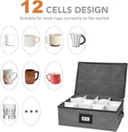 Mug Storage Box with 12 Compartments, Gray Hard Shell Container, Padded Dividers, Dual Handles, Zipper Lid for Coffee