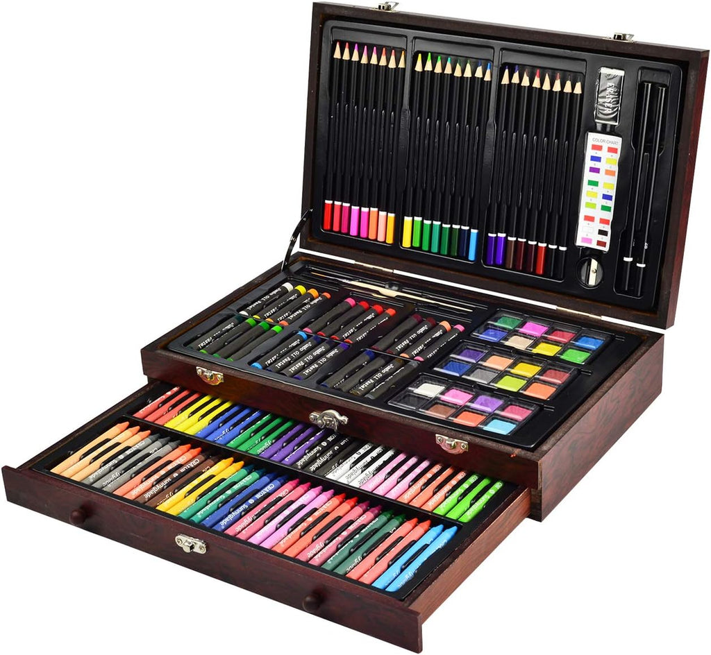 145 Piece Deluxe Art Set, Wooden Box & Drawing Kit with Crayons, Oil Pastels, Colored Pencils, Watercolor Cakes
