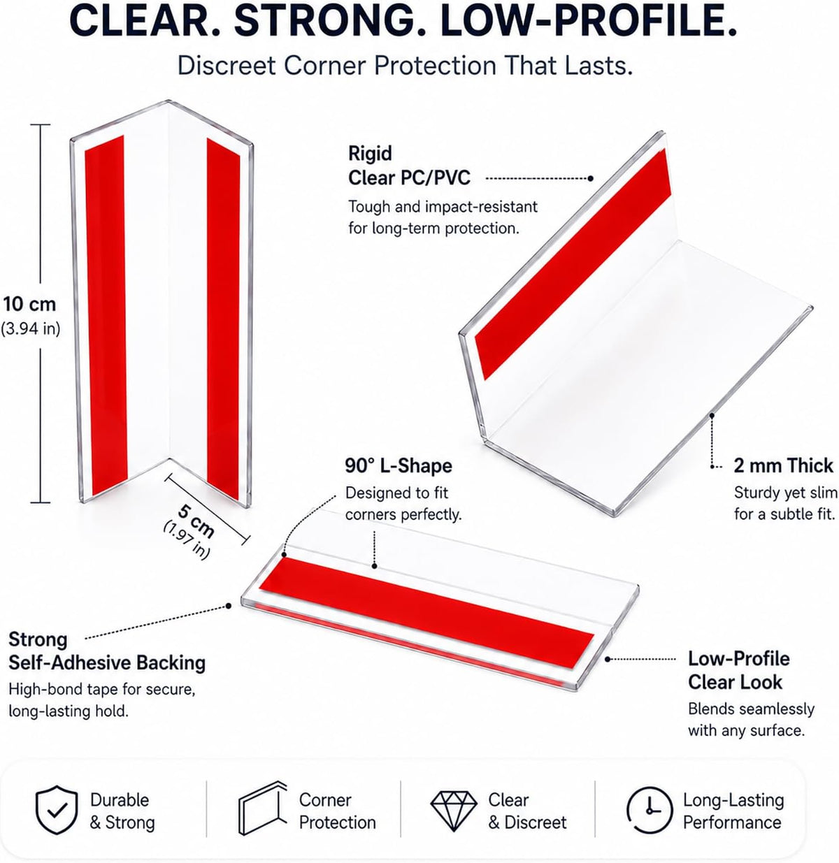 Corner Protectors Dog Chewing:6-Pack 4-Inch Clear L-Shaped Hard PC Baseboard Corner Guards, Peel and Stick Wall