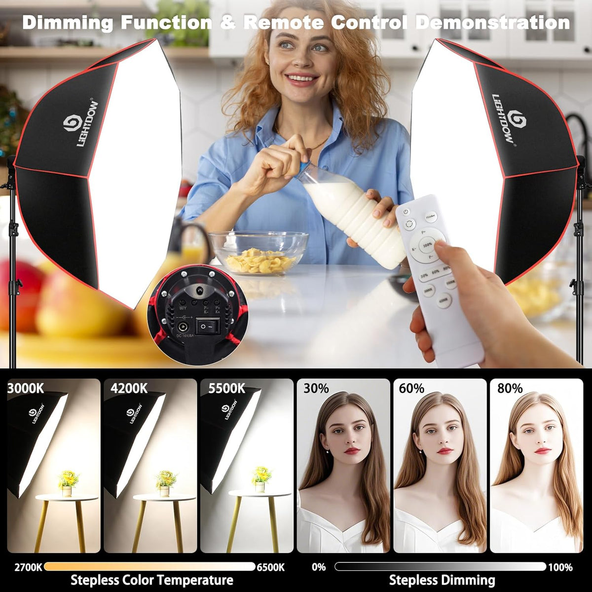Light Box Photography Lighting Kit:2-Pack 37" Octa Softbox,Honeycomb Grid,110W LED Lamps,RC,Tripod Stands for Studio