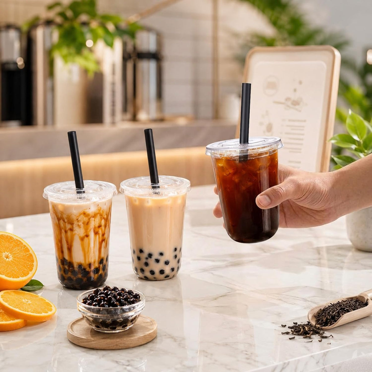 100 Sets 16oz Clear Plastic Cups with Lids & Wide Boba Straws