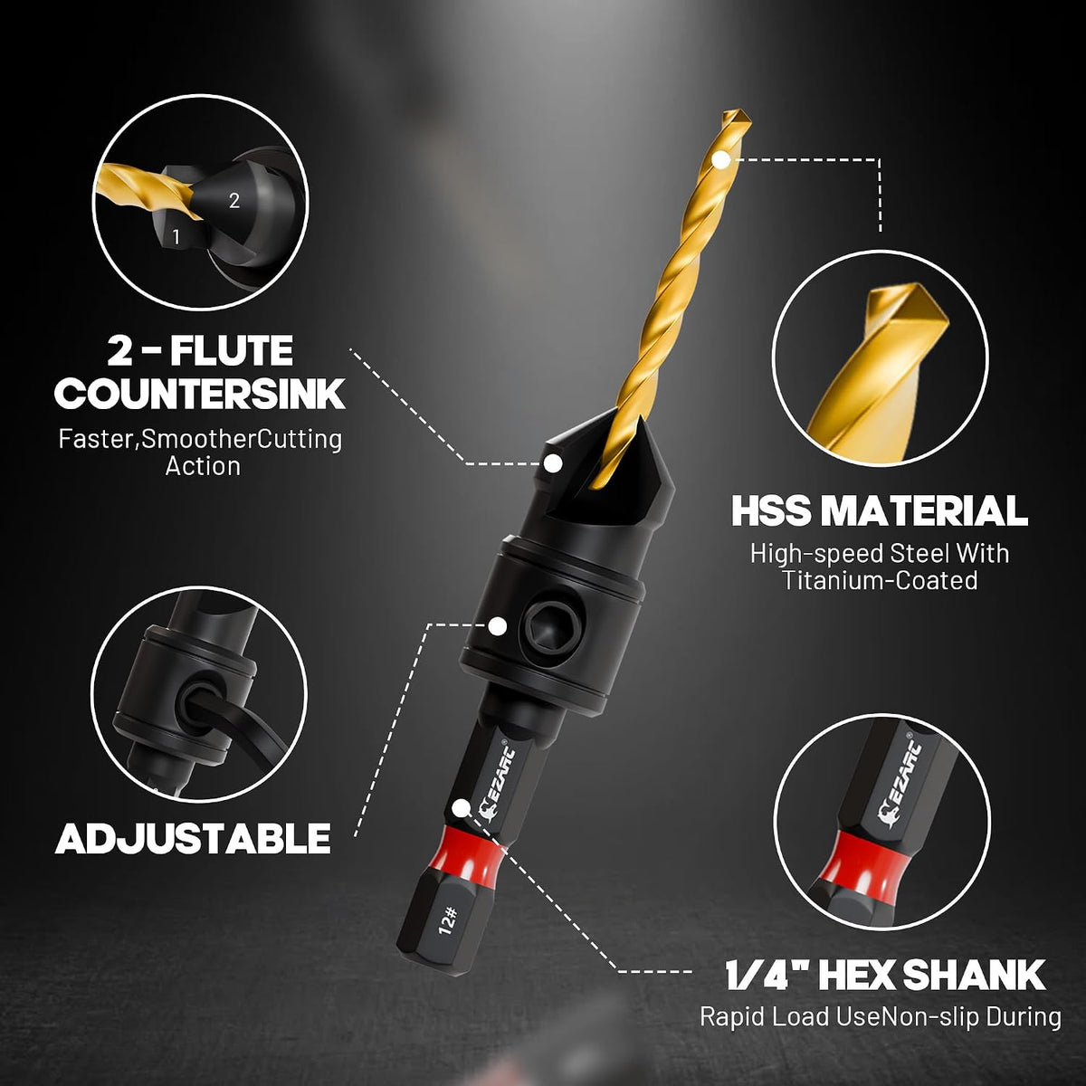 EZARC Countersink Drill Bit Set, 12PCS 2-Flute Adjustable Bits for Wood