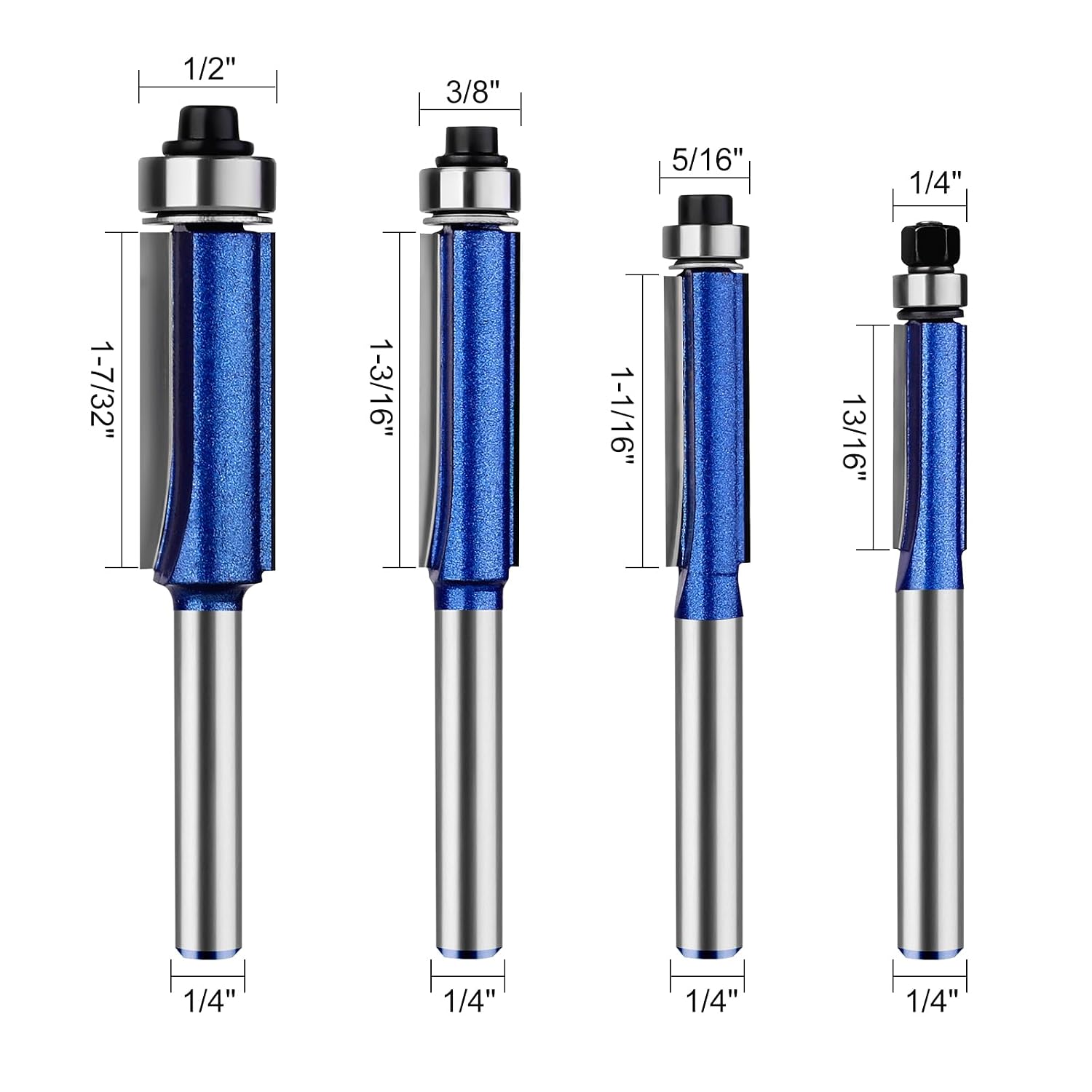 Straight Flush Trim Router Bits 1/4 Inch Shank, Top Bearing Flush Trim Router Bit Set, Cutting Height Respectively