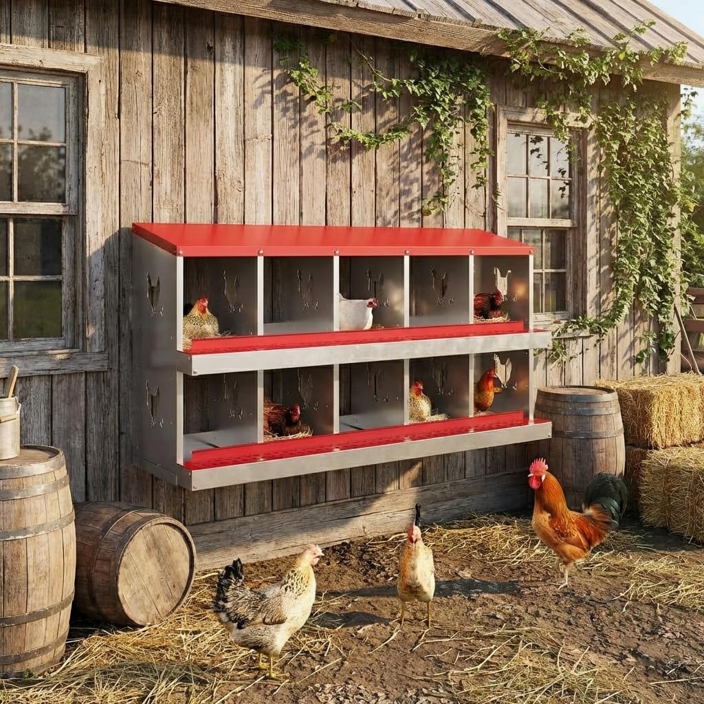 10 Compartment Chicken Nesting Box, Nesting Boxes for Chickens, Metal Chicken Laying Boxes with Perch, Secure Lid