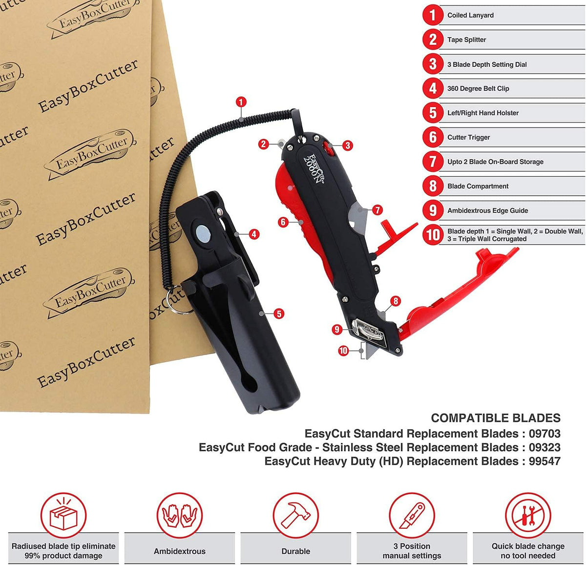 Modern Box Cutter, Extra Tape Cutter at Back, Dual Side Edge Guide, 3 Blade Depth Setting, 2 Blades and Holster