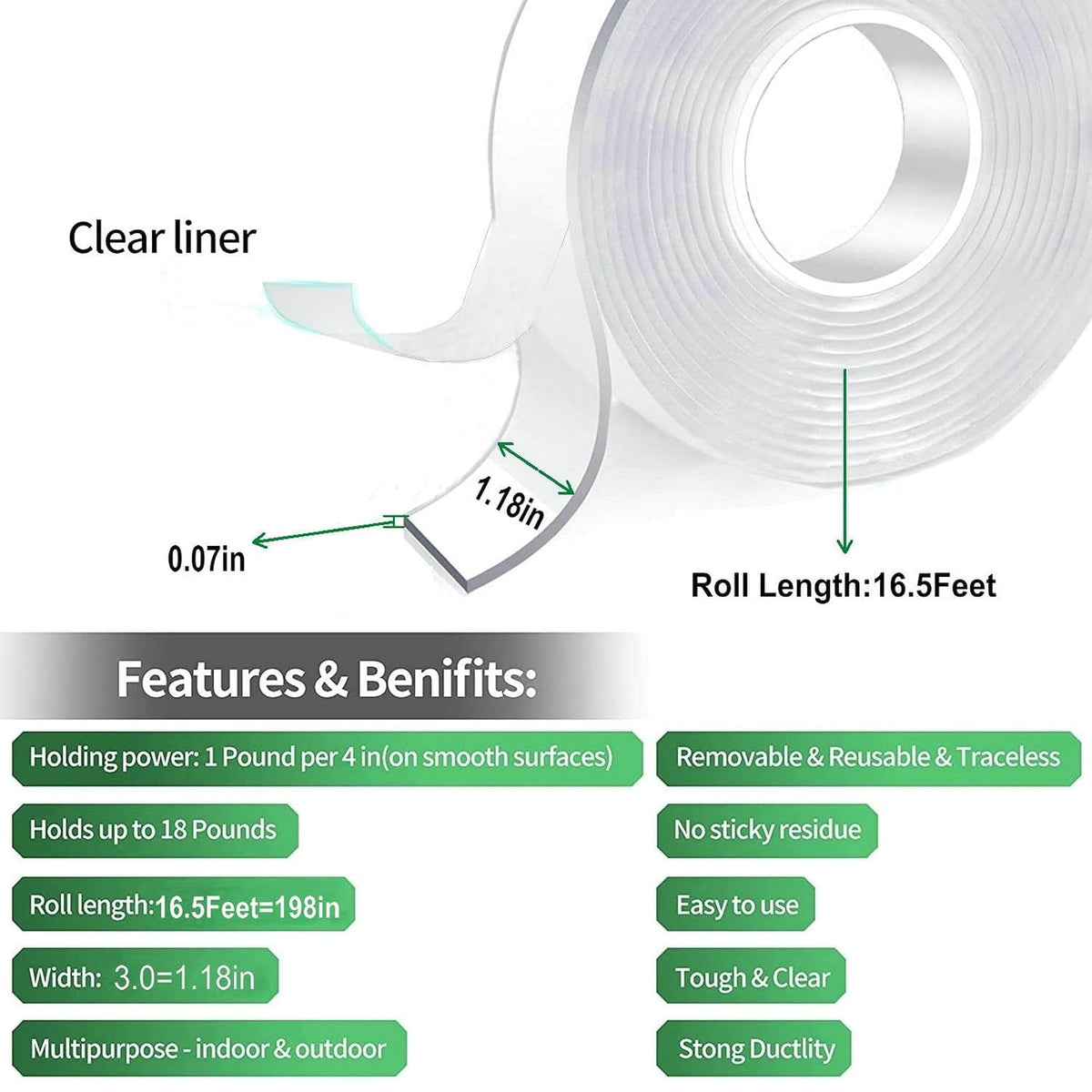 Invisible Bond Nano Double Sided Mounting Tape Heavy Duty,16.5FT
