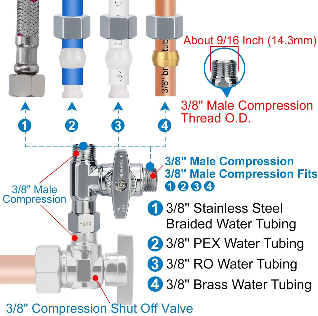 Brass Angle Stop Add-A-Tee Valve,3/8 x 3/8" x 3/8 Compression Water Splitter