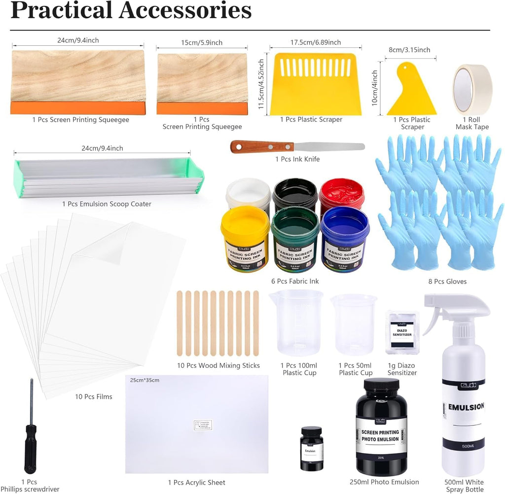 59 Pieces All-in-One Screen Printing Kit with Screen Printer, 50W Exposure Screen Printing Light, Photo Emulsion Kit