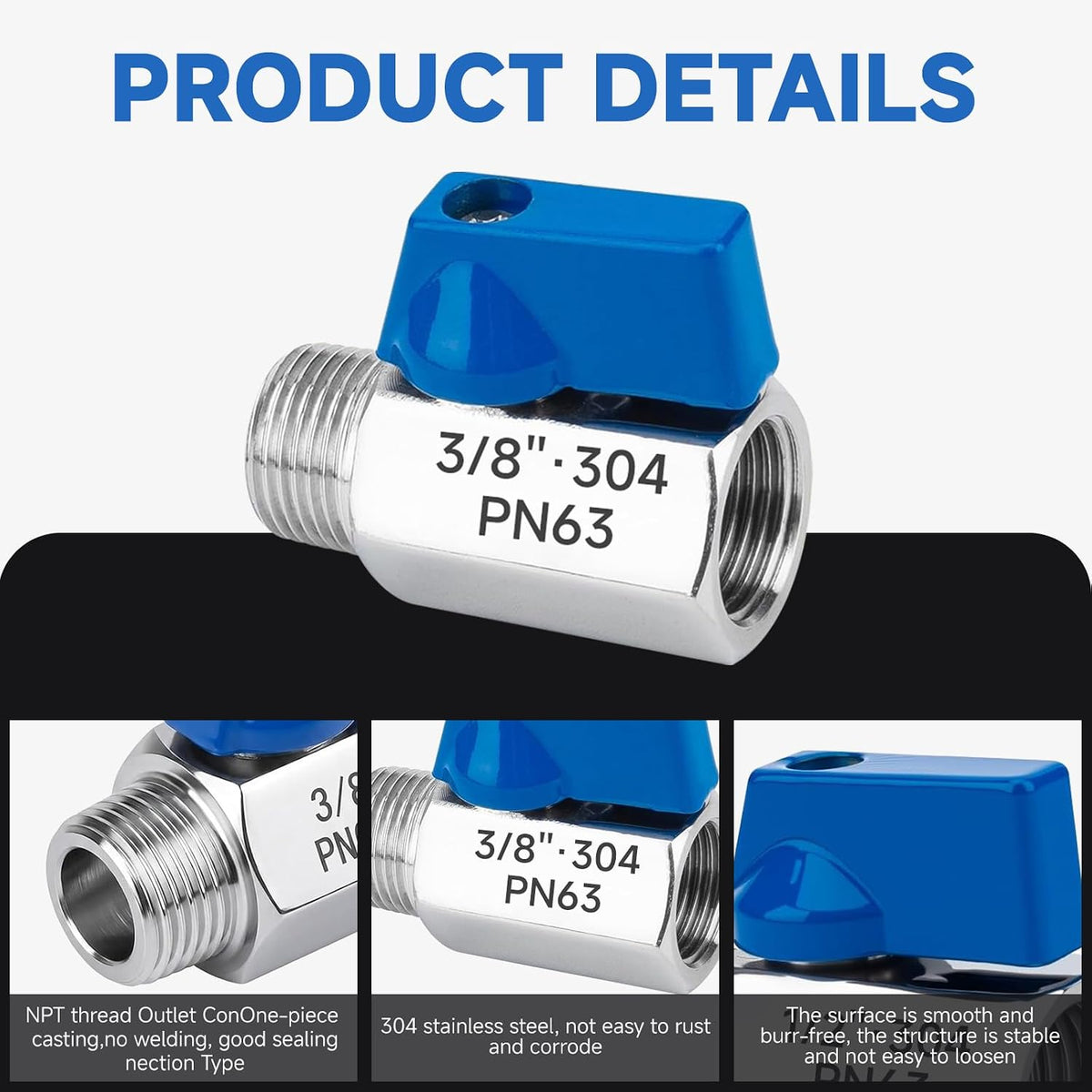 3/8" 304SS Full Port Ball Valve, NPT F x M, 4Pcs