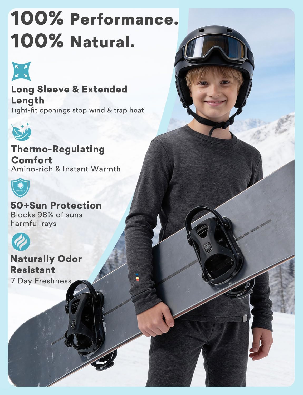 100% Merino Wool Base Layer Set Kids Boys Thermal Underwear Long Johns Fleece Lined Cold Weather Skiing Hiking