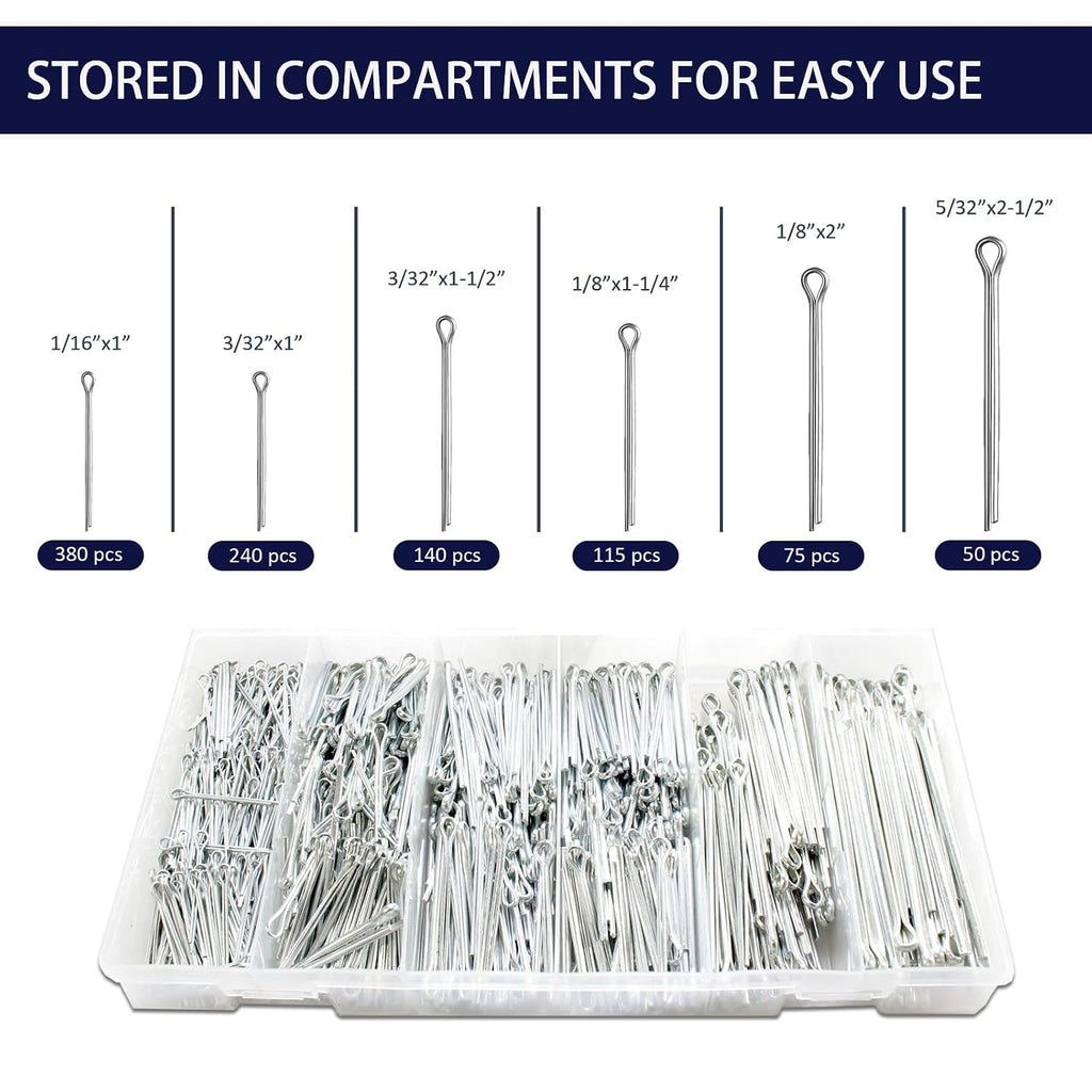 1000 pcs Cotter Pin Assortment Kit, 6 Sizes Split Pins (1/16" to 5/32")
