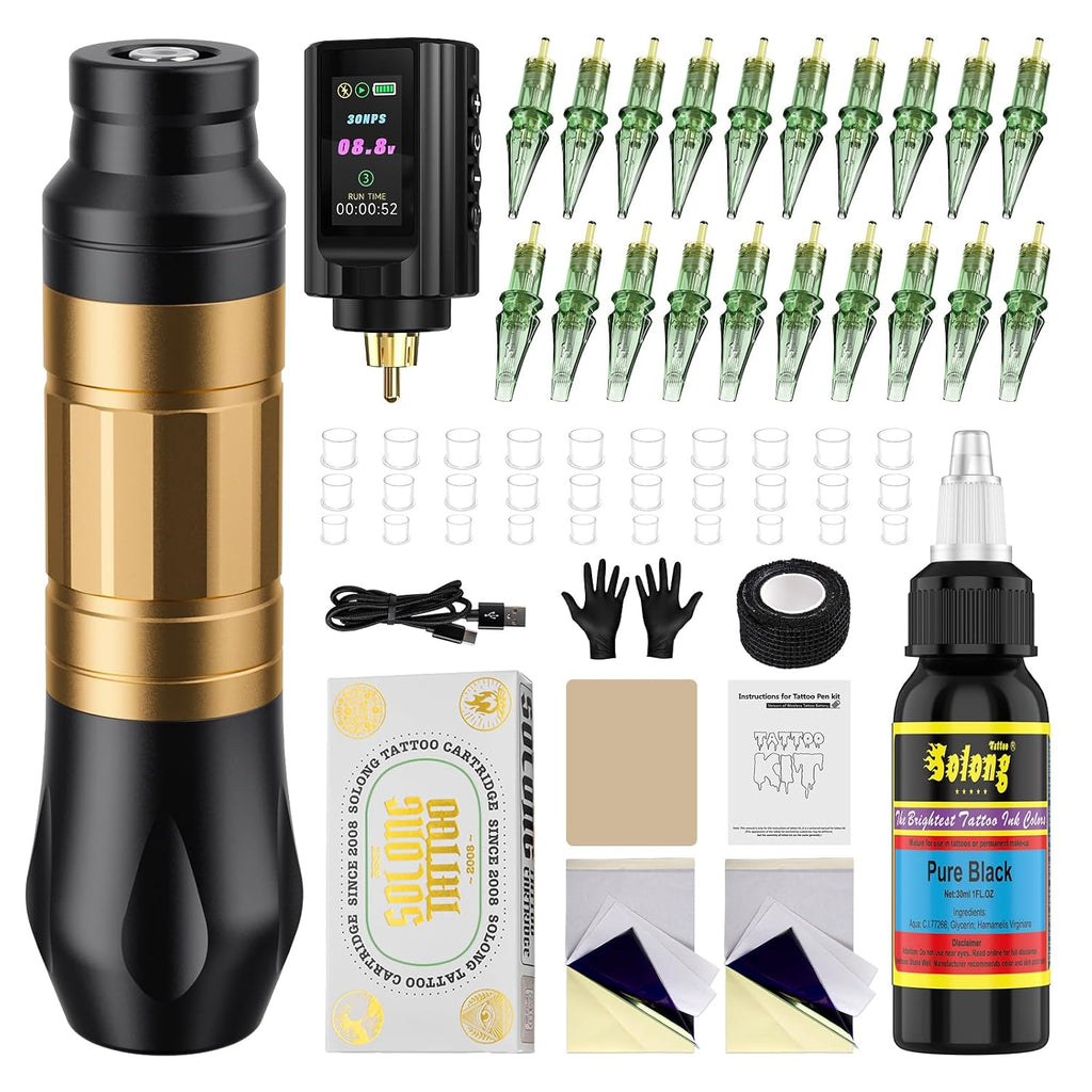 Cordless Rotary Tattoo Pen Kit, Rechargeable Wireless Tattoo Machine, Complete Tattoo Supplies with 20Pcs Cartridge