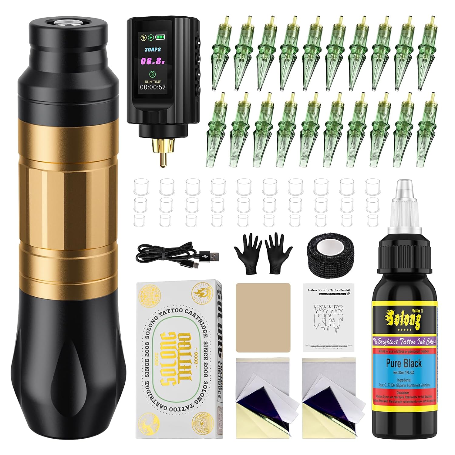 Cordless Rotary Tattoo Pen Kit, Rechargeable Wireless Tattoo Machine, Complete Tattoo Supplies with 20Pcs Cartridge
