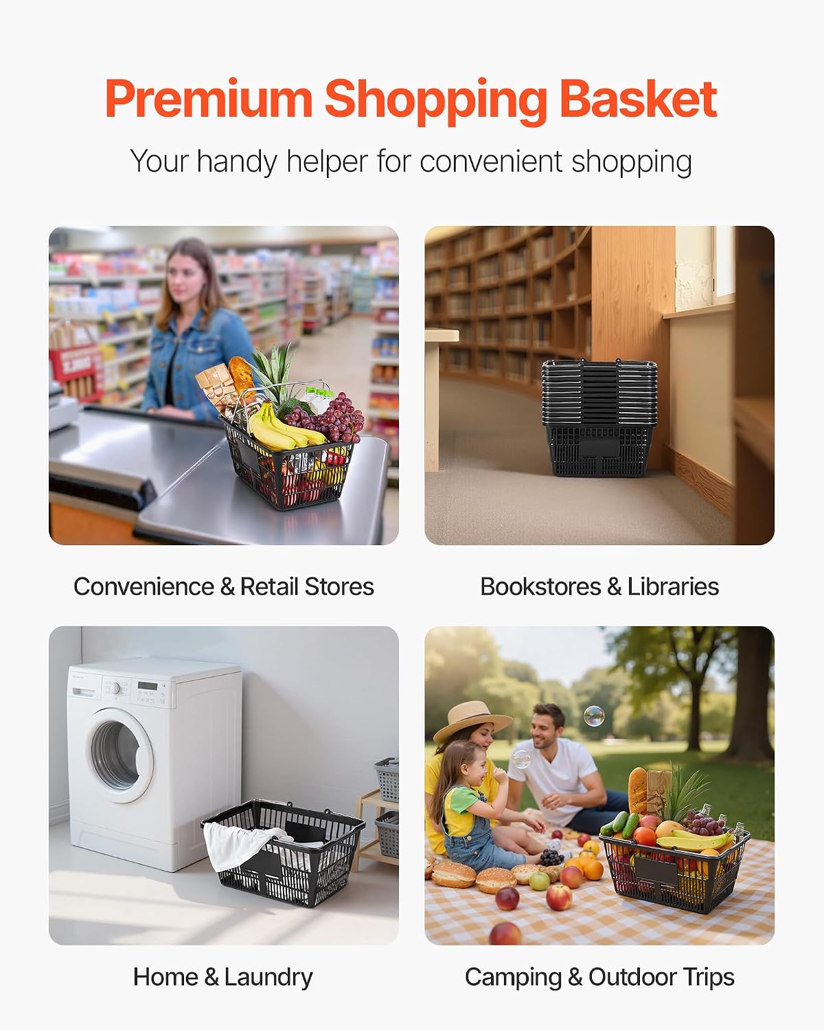 Shopping Baskets, 12 PCS, 21L Stackable PE Plastic Grocery Baskets with Handles, Dense Mesh Structure, Holds up to 20